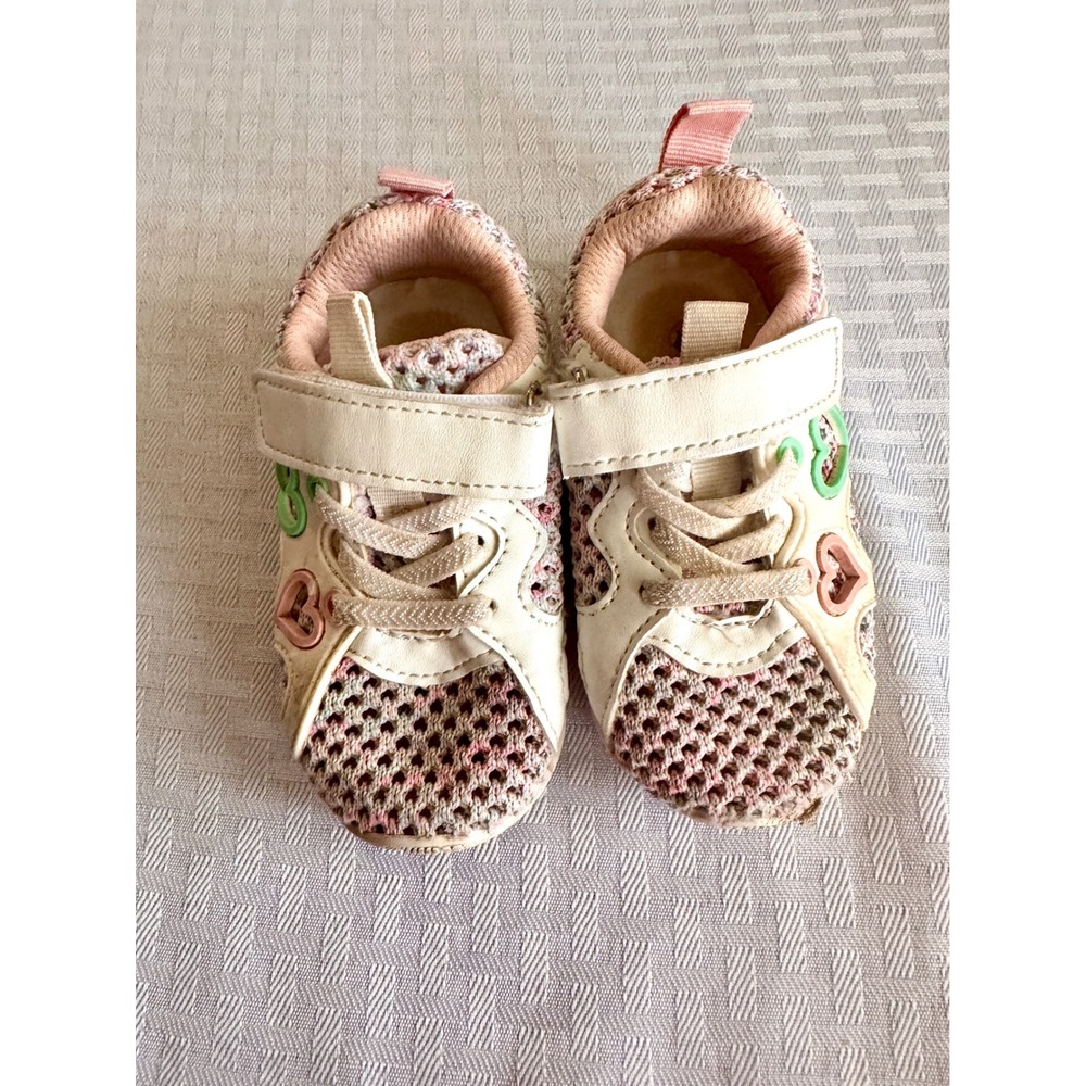 Toddler Girls Heart Sneakers Pink Mesh Athletic Shoes Size 14.3 Hook and Loop